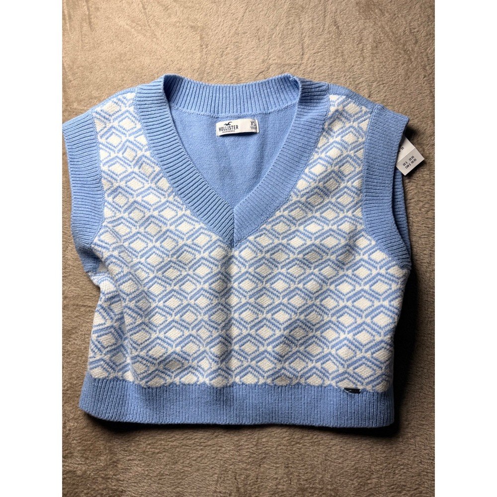 Hollister Womens Blue Geometric Diamond V-Neck Knit Sweater Vest NWT XS Preppy